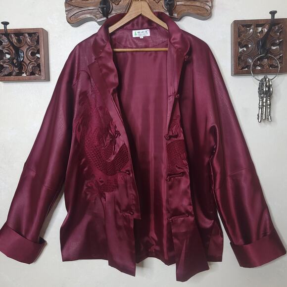 LINZHIXIU Silk Tang Suit Kung Fu Kimono Jacket Burgundy Red Dragan Embroidery✨️L - Picture 6 of 16